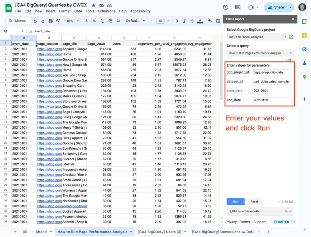 The Google Sheet the landing page performance report fills, with page, views and users, and the extension panel.
