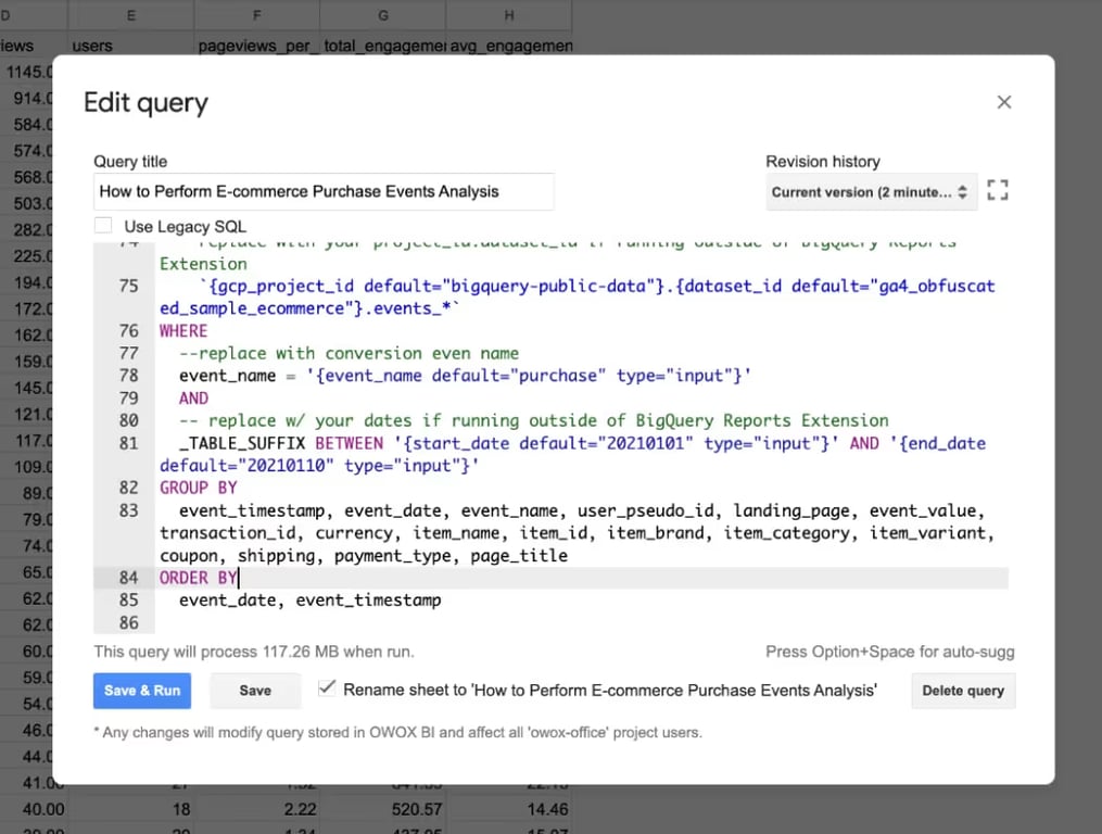 The Edit query dialog in OWOX BI, holding the SQL for the e-commerce purchase events analysis query.