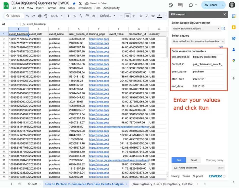 The Google Sheet the e-commerce purchase events report fills, with the extension panel on the right.