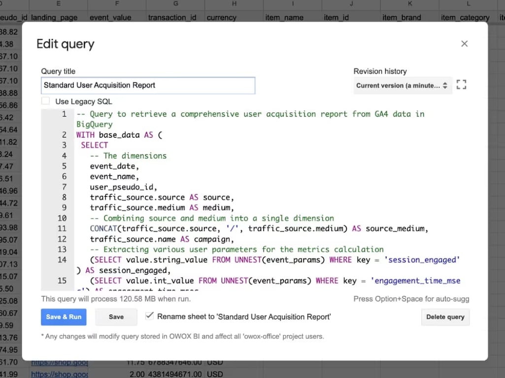 The Edit query dialog in OWOX BI, holding the SQL for the standard user acquisition report.