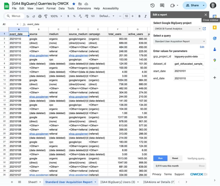 The Google Sheet the user acquisition report fills, with date, source, medium and user columns.