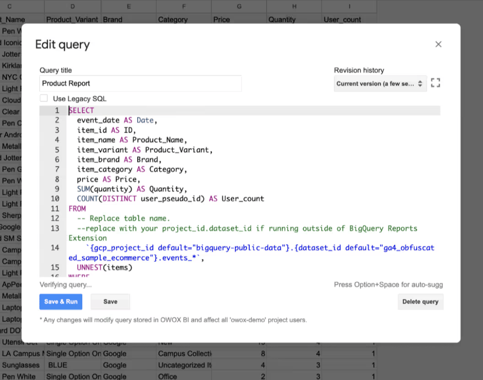 The Edit query dialog in OWOX BI, holding the SQL for the product report.