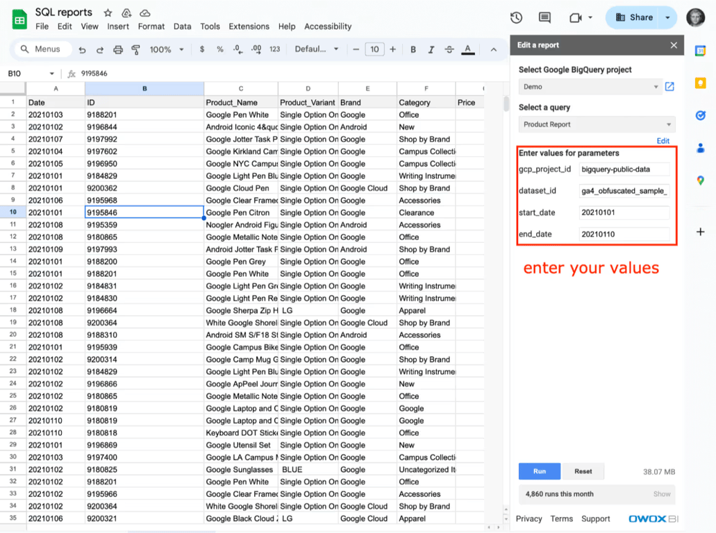 The Google Sheet the product report fills, with date, item ID, item name and brand columns.