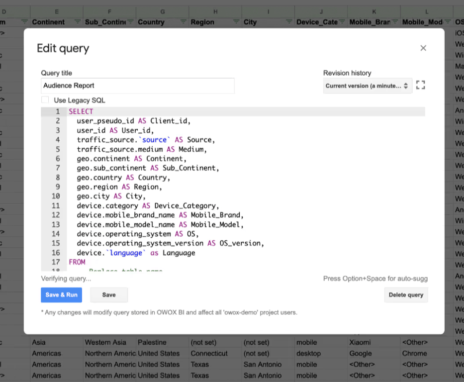 The Edit query dialog in OWOX BI, holding the SQL for the audience report.