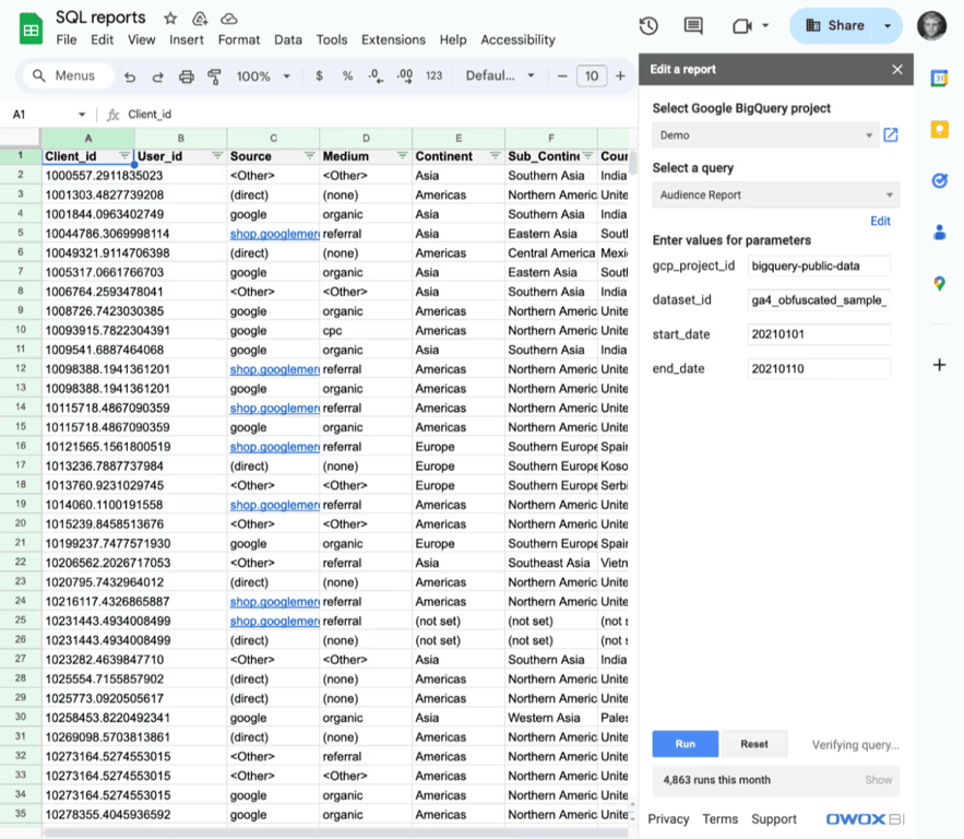 The Google Sheet the audience report fills, with client ID, user ID, source and geography columns.