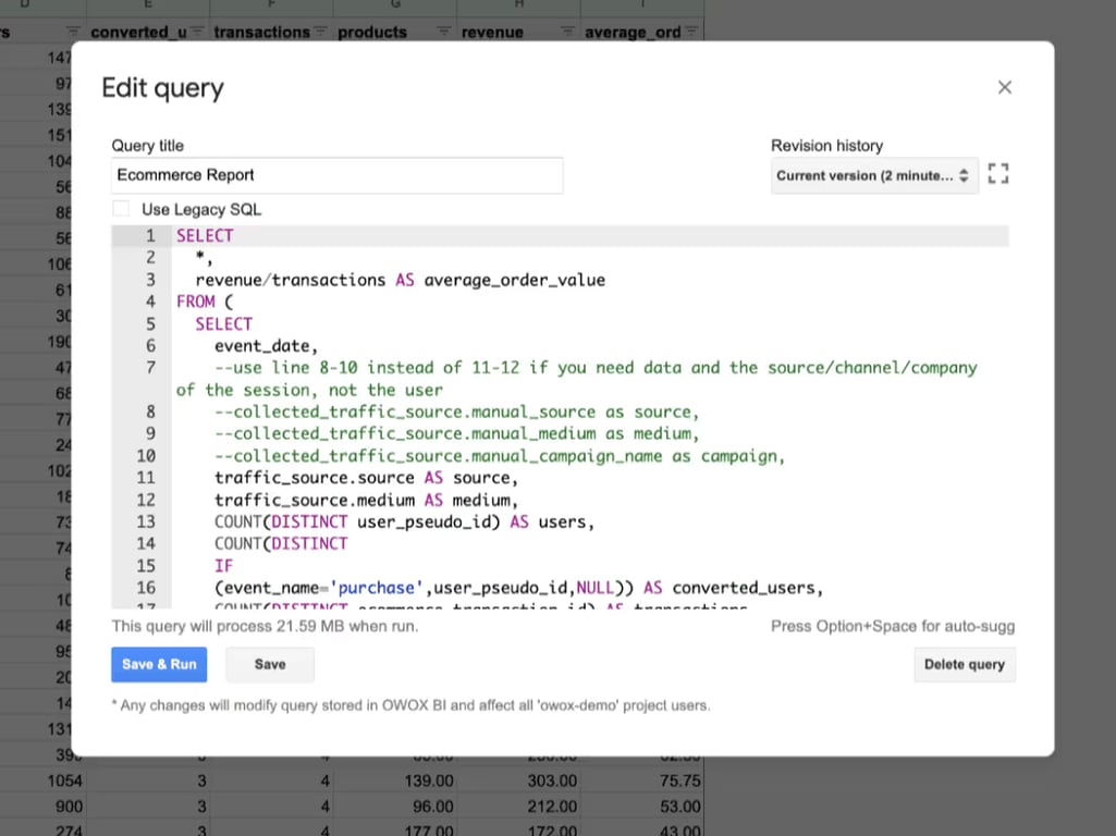 The Edit query dialog in OWOX BI, holding the SQL for the e-commerce report.