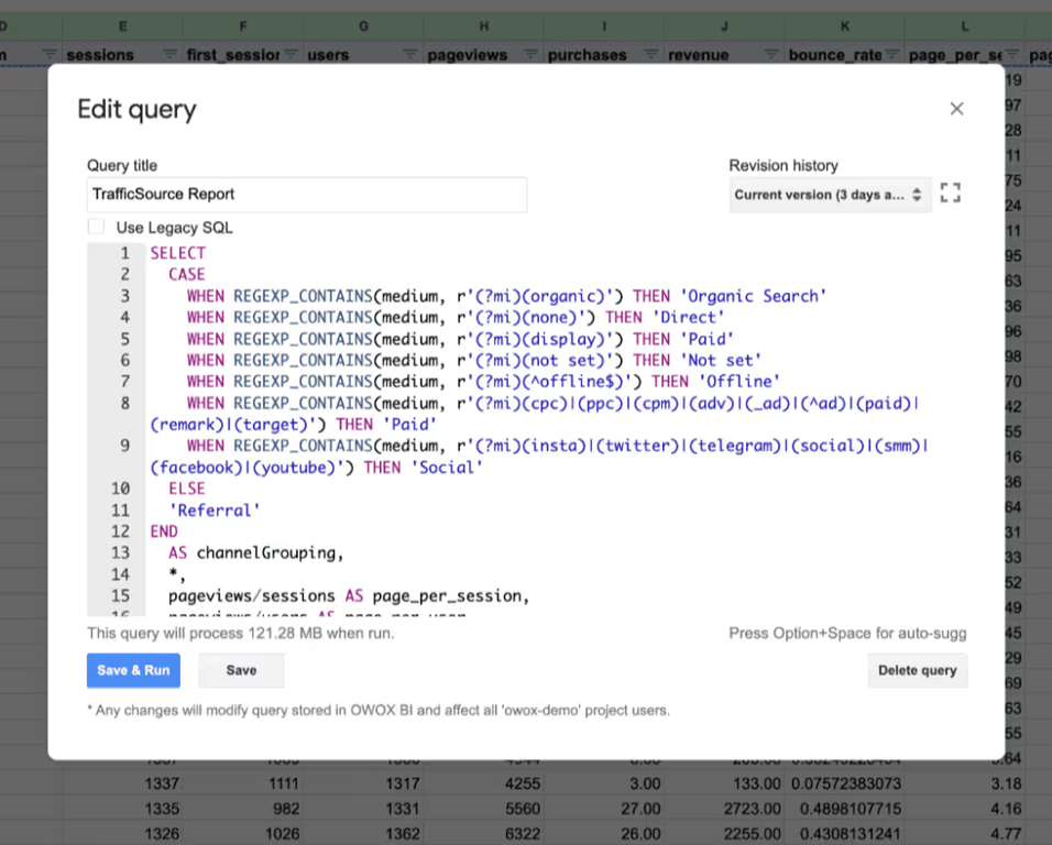 The Edit query dialog in OWOX BI, holding the SQL for the traffic source report, with a CASE expression grouping channels.