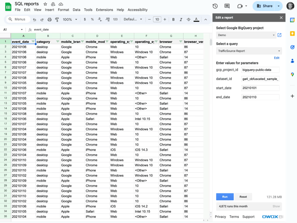 The Google Sheet the traffic source report fills, with device and system columns.