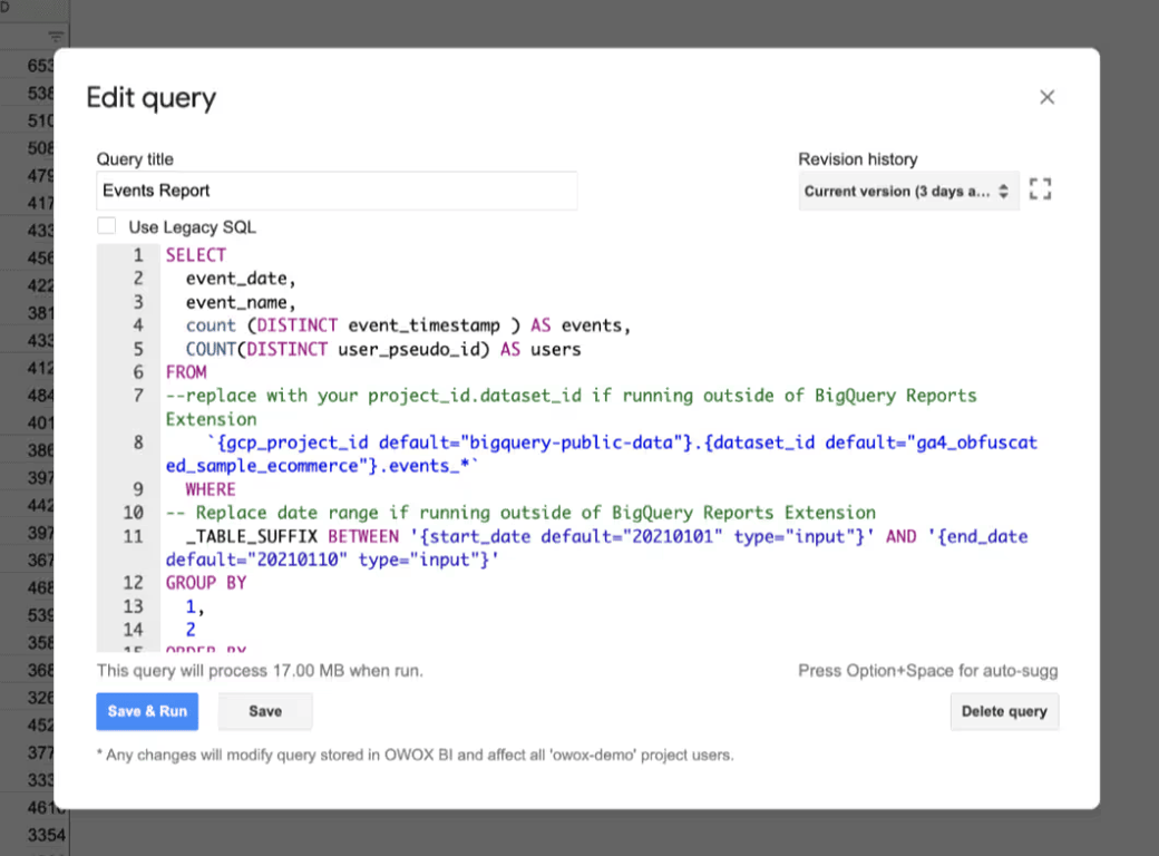 The Edit query dialog in OWOX BI, holding the SQL for the events report.