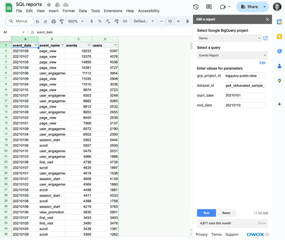 The Google Sheet the events report fills, with event date, event name, event count and users.