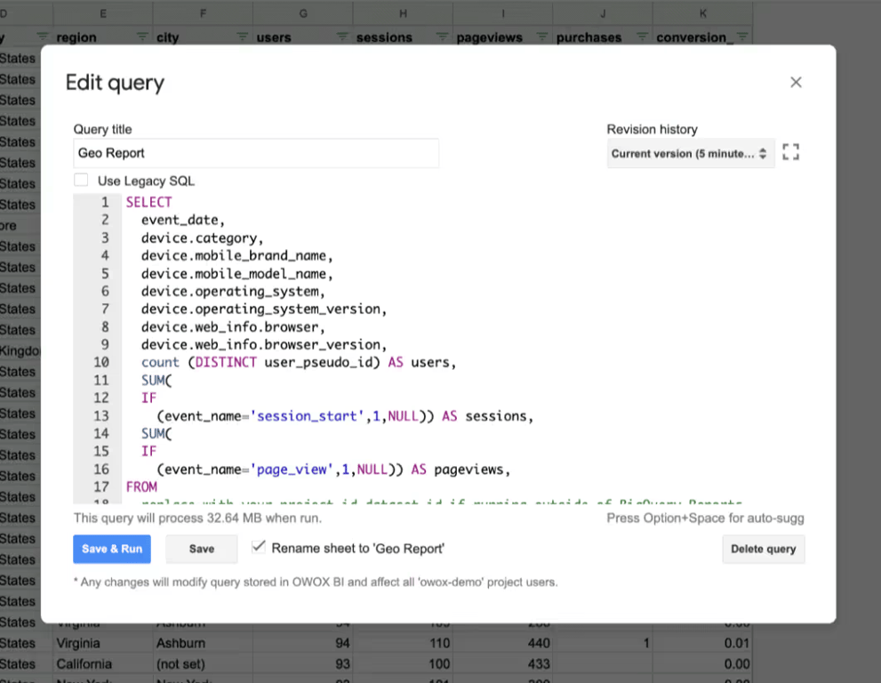 The Edit query dialog in OWOX BI, holding the SQL for the geography report.
