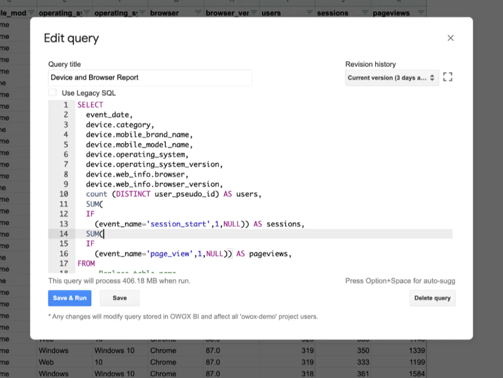 The Edit query dialog in OWOX BI, holding the SQL for the device and browser report.