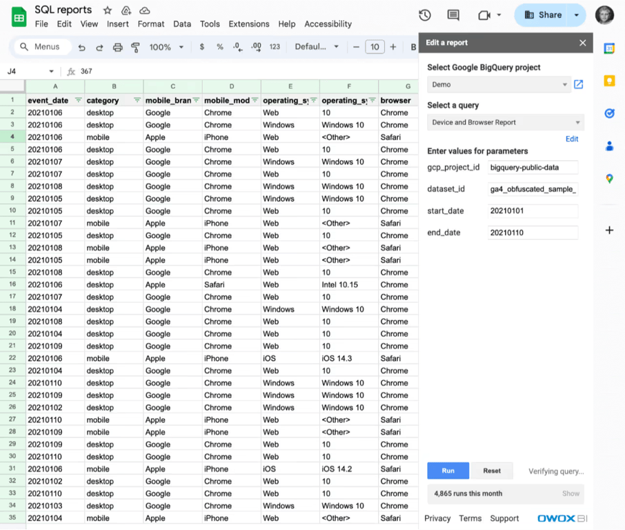 The Google Sheet the device and browser report fills, with the extension panel on the right.