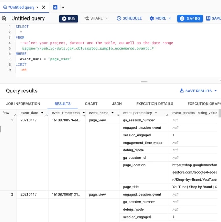 A BigQuery query for page_view events, shown with its results.