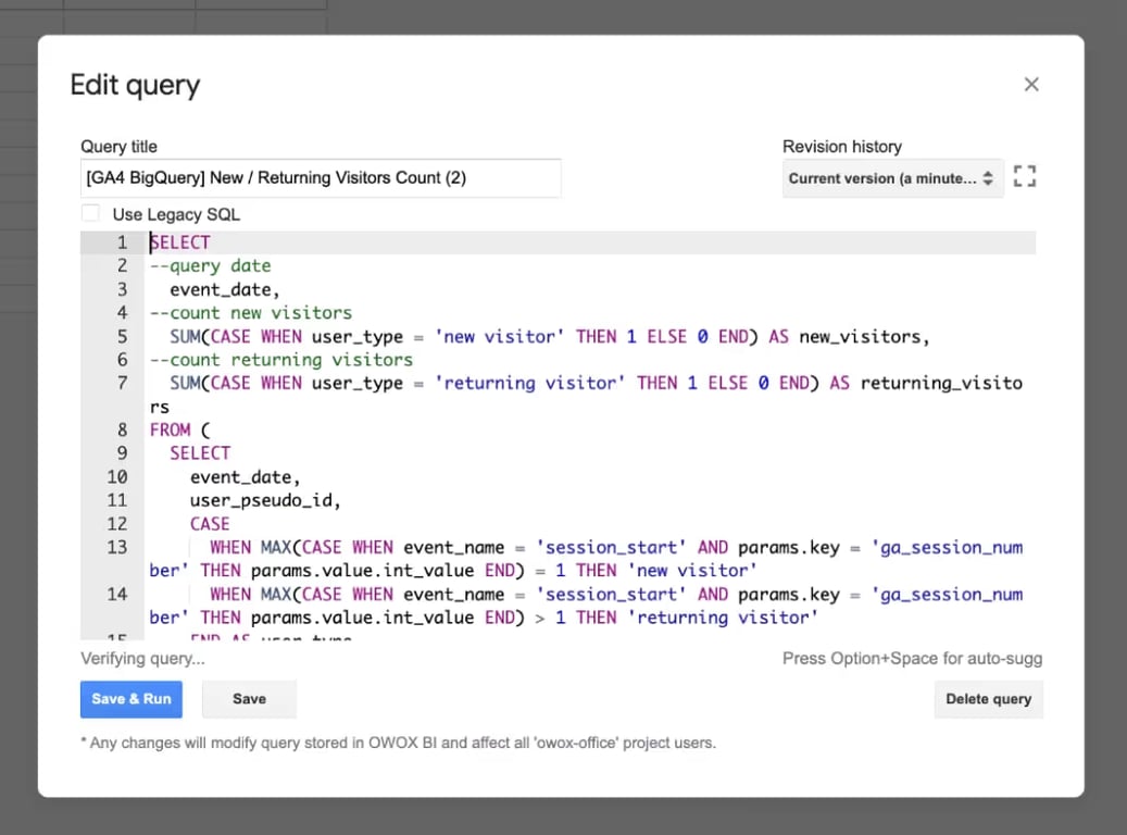 The Edit query dialog in OWOX BI, holding the SQL for the new and returning visitors query.