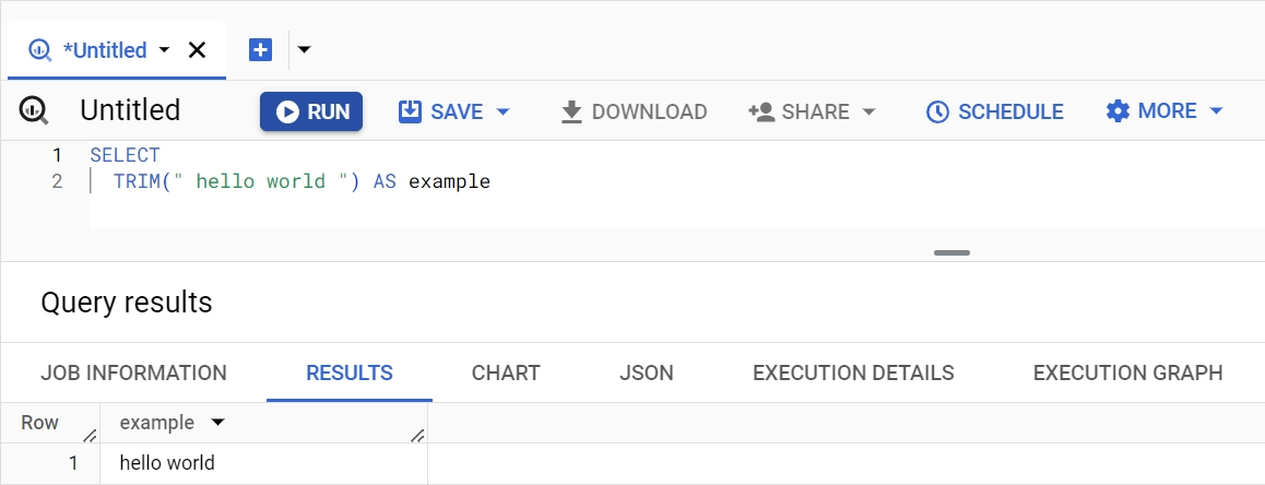TRIM function in BigQuery, showcasing how to remove leading and trailing spaces from strings. i-shadow