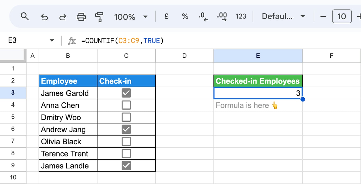 Counting cells with checkbox values in Google Sheets using COUNTIF. i-border