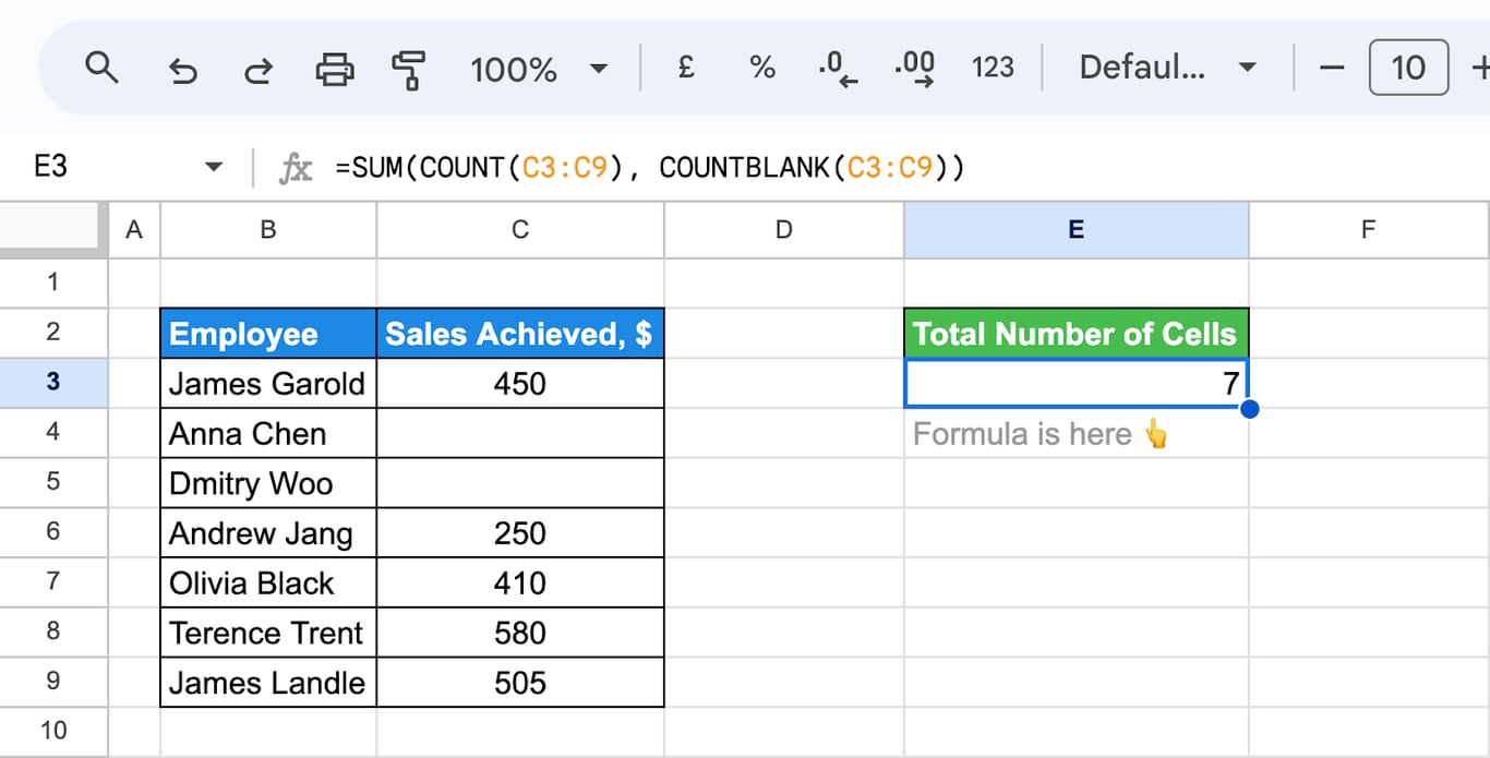 Combining COUNTBLANK and SUM functions to calculate the total number of blank cells in a range. i-border