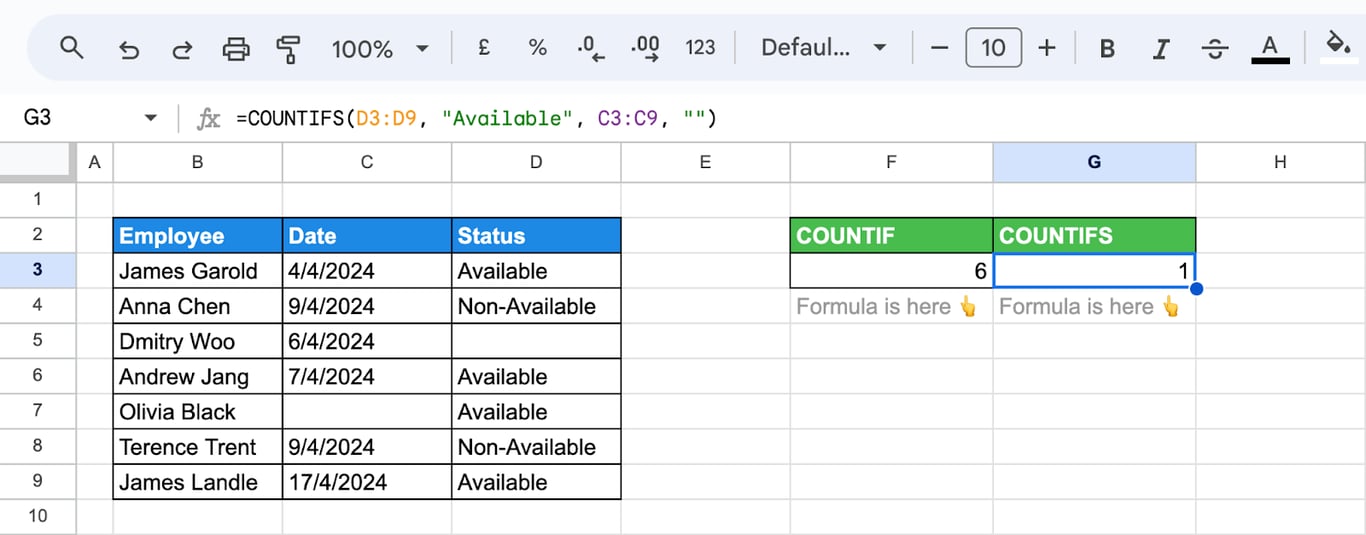 Using COUNTIFS to count both blank and non-blank cells in a dataset. i-border
