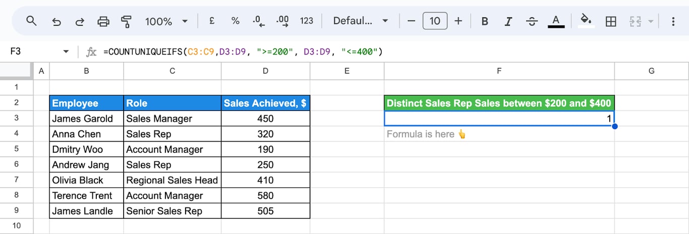 Counting unique values in a dataset using COUNTUNIQUE with multiple criteria. i-border