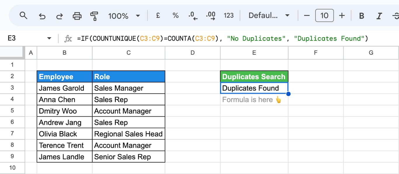 Example of using COUNTUNIQUE with an IF function to count unique values based on a condition. i-border