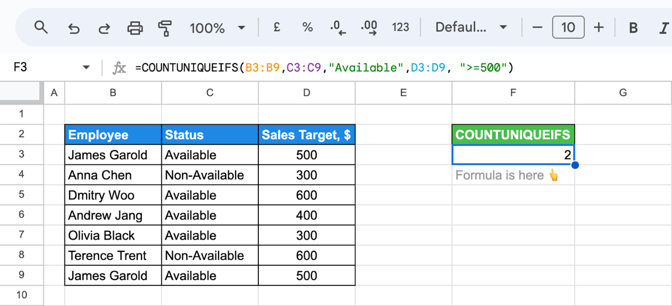 Using COUNTUNIQUEIFS to count distinct values based on multiple criteria in a dataset. i-border