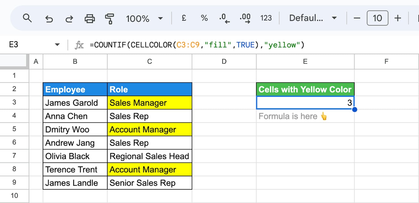 Using COUNTIF in combination with cell color to count data based on formatting. i-border