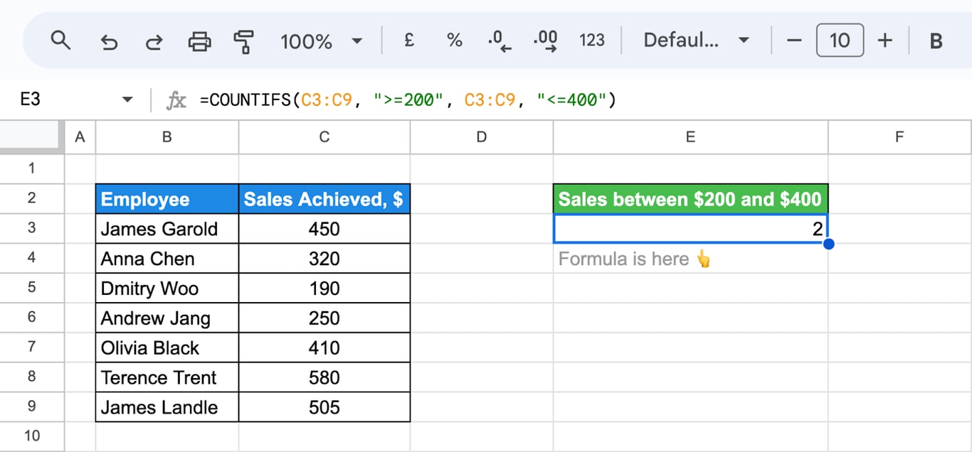 Illustration of using the COUNTIFS function with AND logic to count cells that meet multiple conditions. i-border