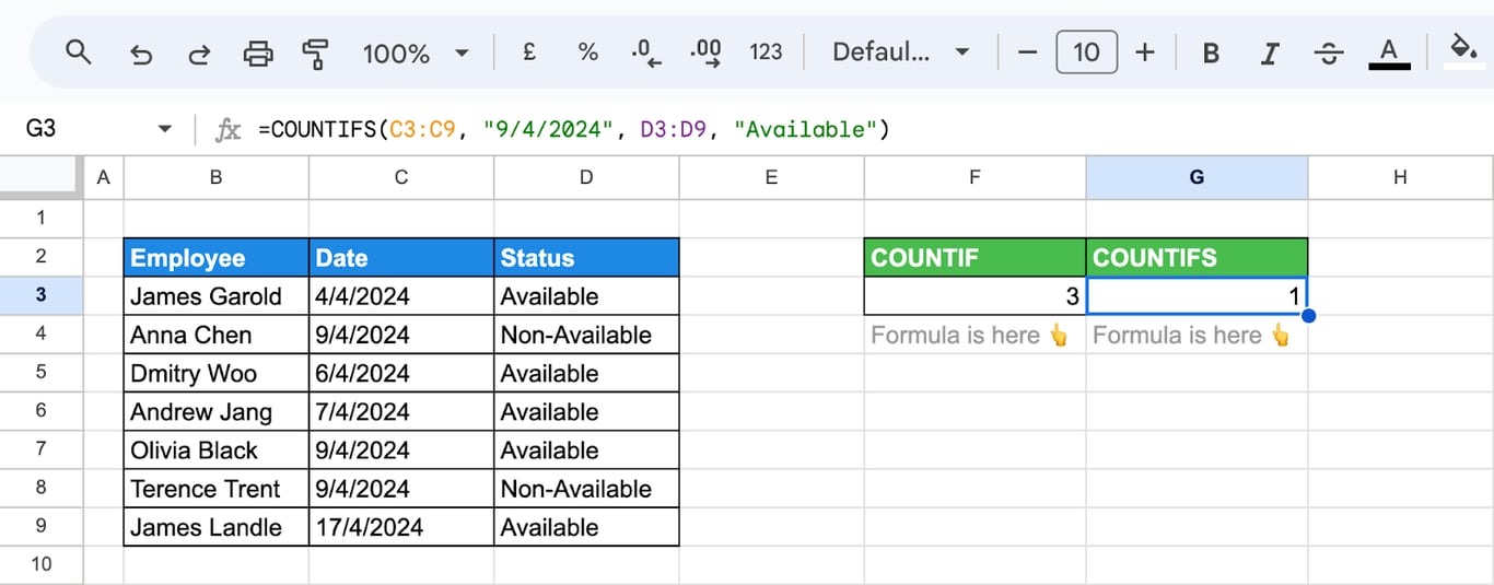 Using COUNTIF to count cells that match a specific date with proper formatting in Google Sheets. i-border