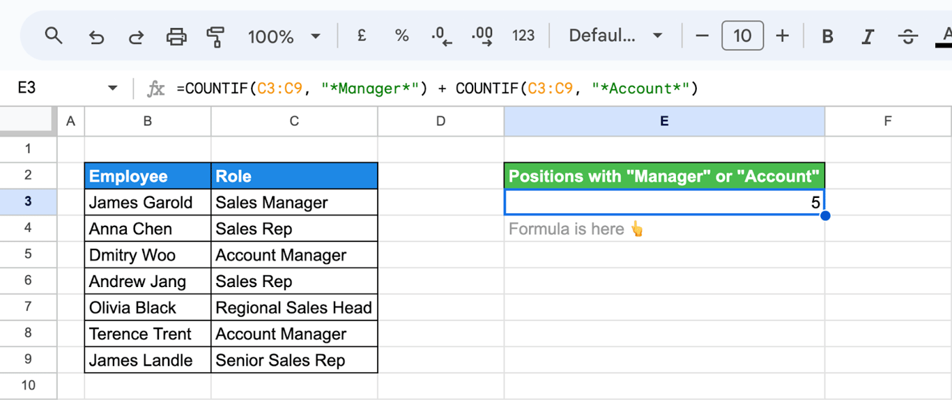 COUNTIFS function with OR logic to count cells meeting multiple criteria in Google Sheets. i-border