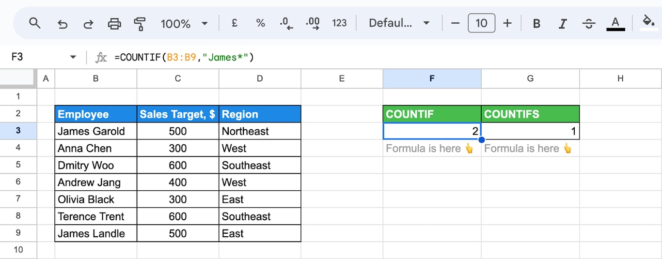 COUNTIF function using wildcard characters to identify and count partial matches in Google Sheets. i-border