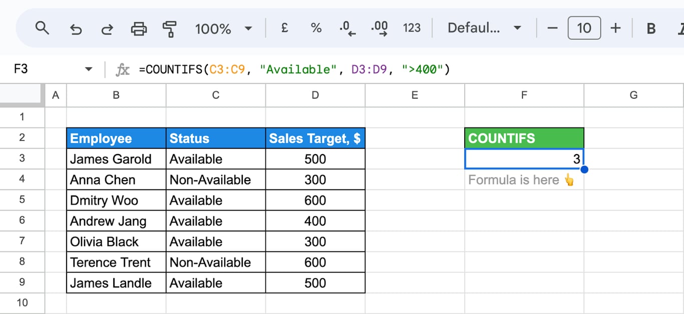 Using the COUNTIFS function with both numeric and text criteria to filter and count data. i-border