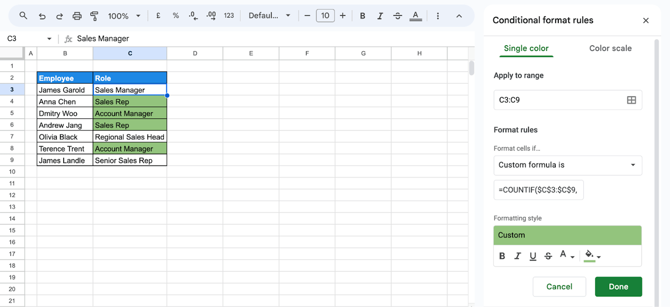 Conditional formatting applied in Google Sheets using COUNTIF based on specific cell values. i-border