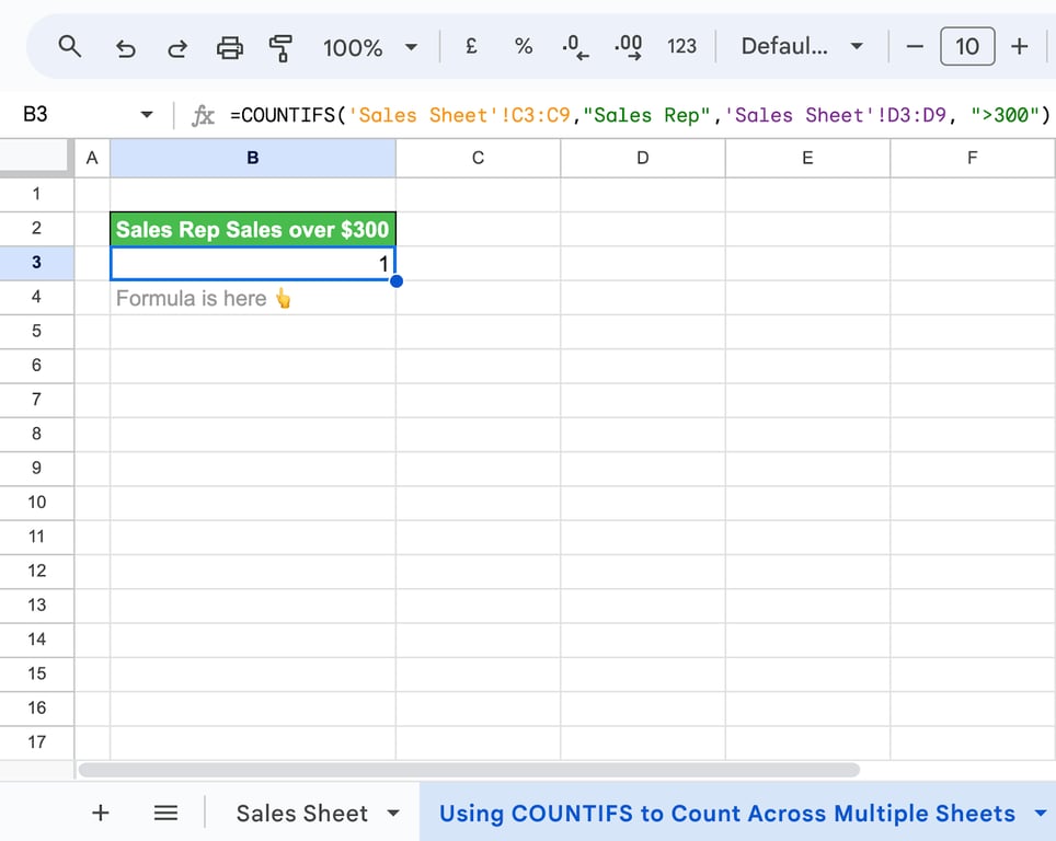 Example of using the COUNTIFS function to count data across multiple sheets in Google Sheets. i-border