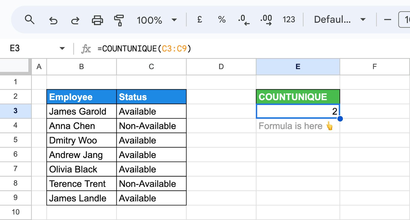 COUNTUNIQUE function identifying and counting distinct values in a single column in Google Sheets. i-border