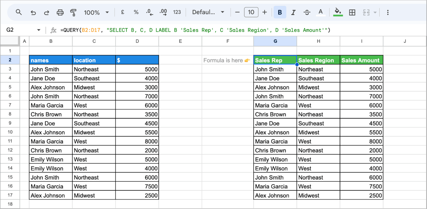 Renaming columns using the LABEL clause in the QUERY function in Google Sheets. i-border