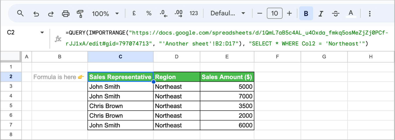 Example of linking and querying data from a different spreadsheet in Google Sheets. i-border