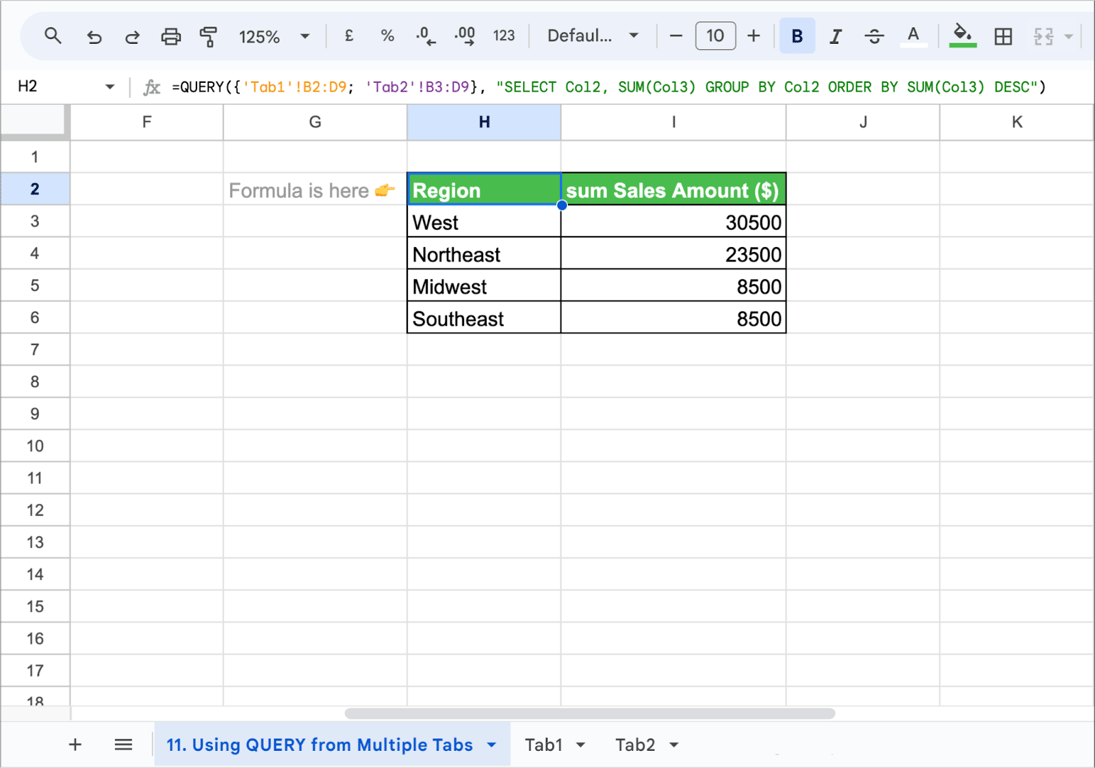 Example of retrieving data from multiple tabs using the QUERY function in Google Sheets. i-border