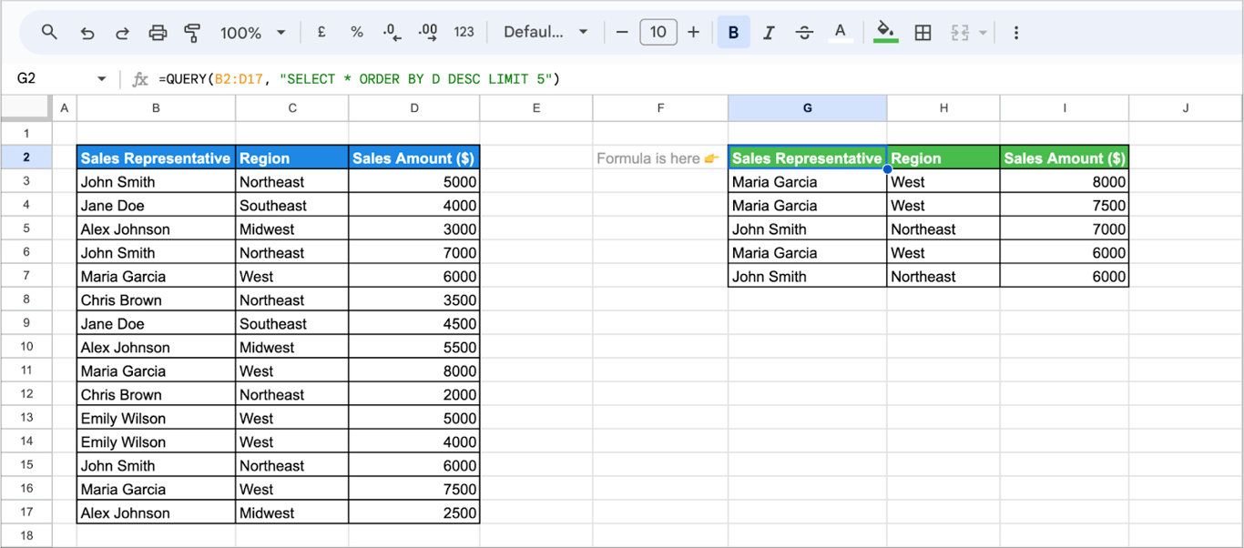 Limiting the number of rows in QUERY results using the LIMIT clause in Google Sheets. i-border