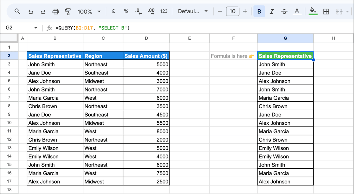 Using the SELECT clause in the QUERY function in Google Sheets to choose specific columns. i-border