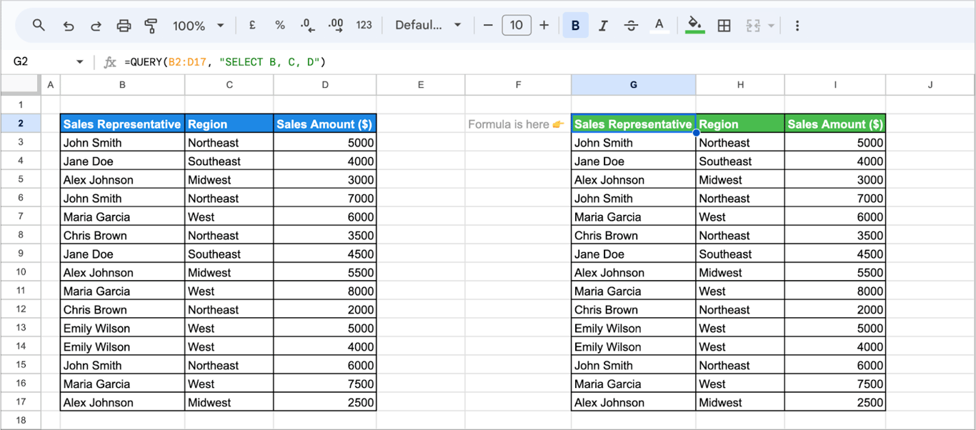 Using the SELECT clause in QUERY to extract multiple columns in Google Sheets. i-border