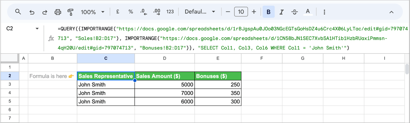 Demonstration of managing data across multiple spreadsheets with QUERY in Google Sheets. i-border