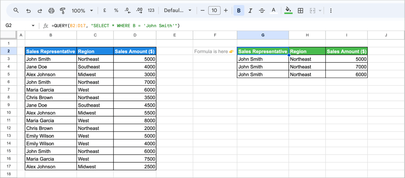 Applying WHERE clause in QUERY to filter data by specific values in Google Sheets. i-border