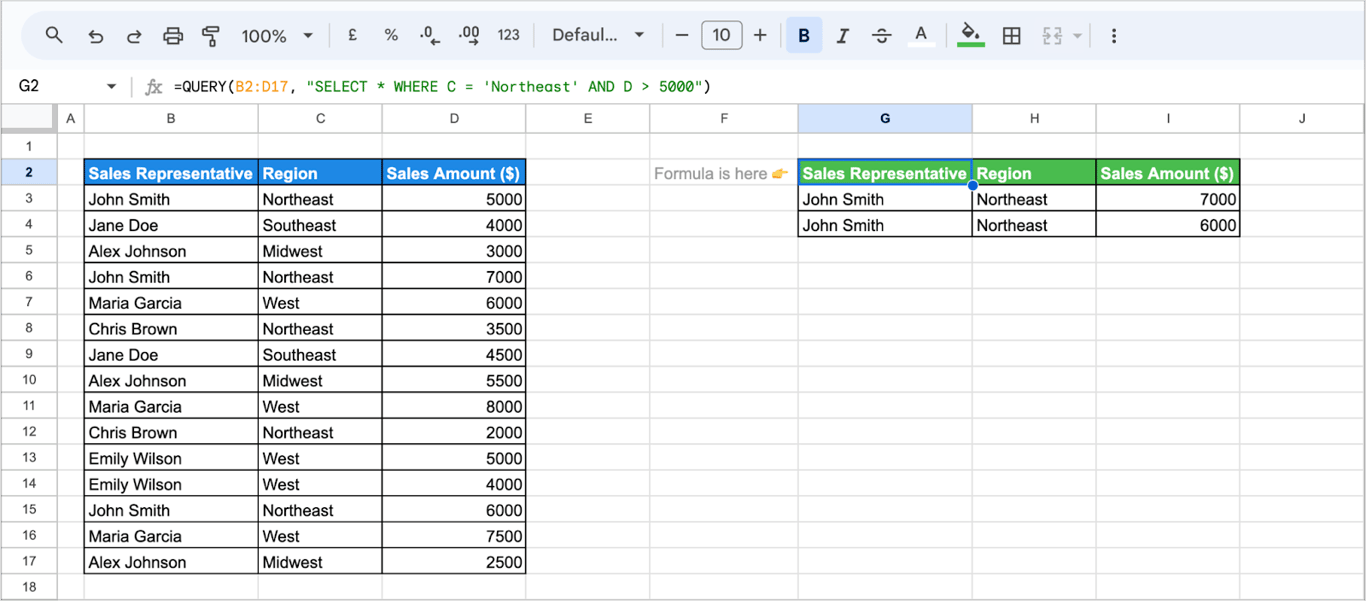 Using multiple criteria in the QUERY function in Google Sheets to filter results. i-border