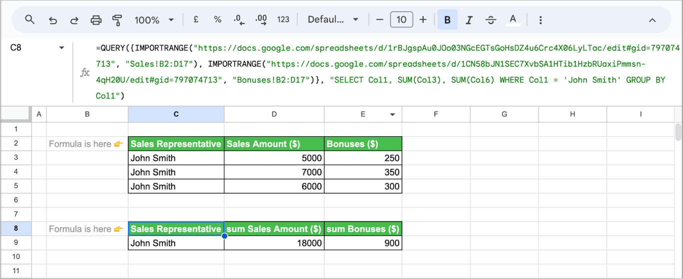 Advanced example of consolidating data using QUERY across spreadsheets in Google Sheets. i-border