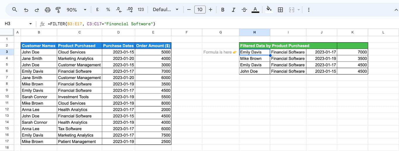 Using the FILTER function to extract rows based on a single condition, filtering by a specific product name like ‘Financial Software’ i-border