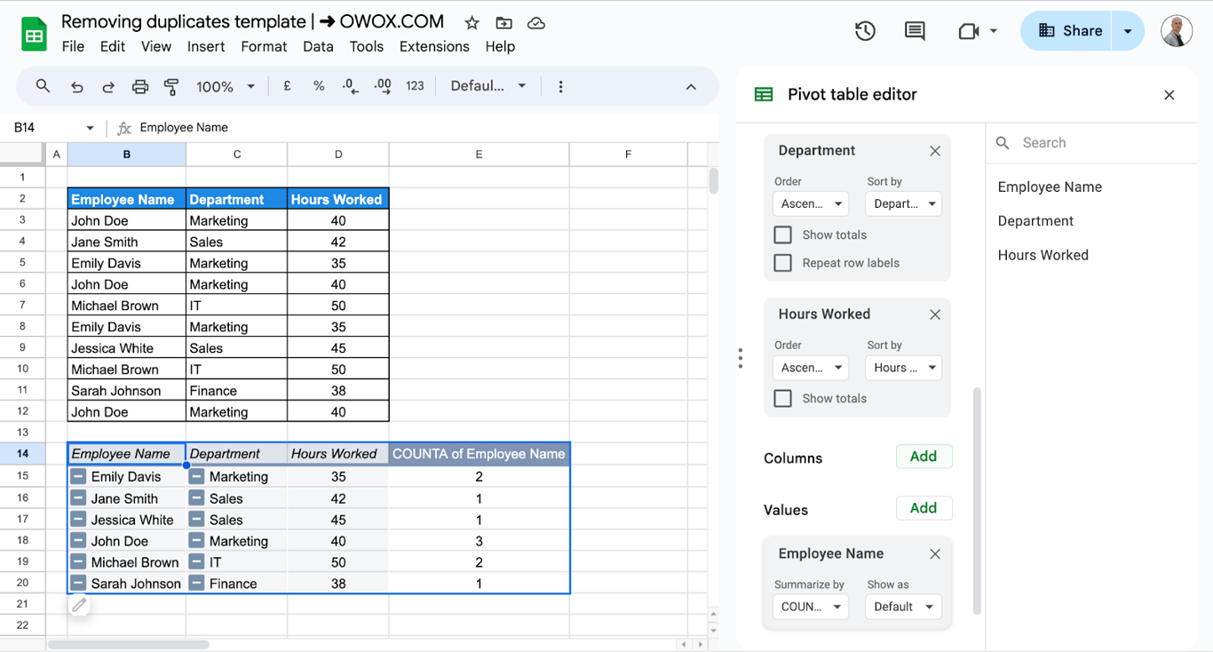 Adding values to the pivot table data to highlight duplicate entries in Google Sheets. i-border