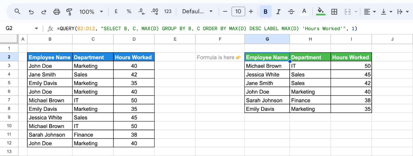 Google Sheets QUERY function setup to filter out duplicate entries from a dataset. i-border