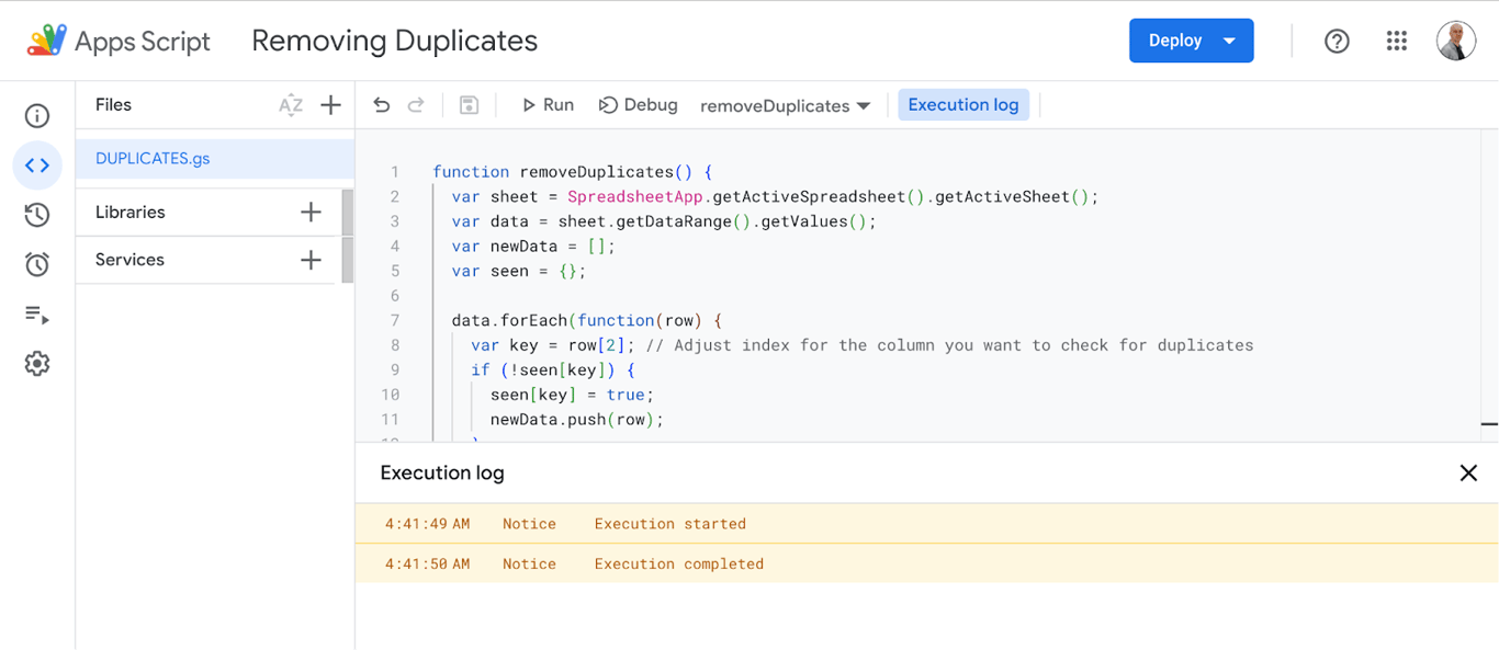 Duplicate data being removed in Google Sheets through an automated Apps Script process. i-border