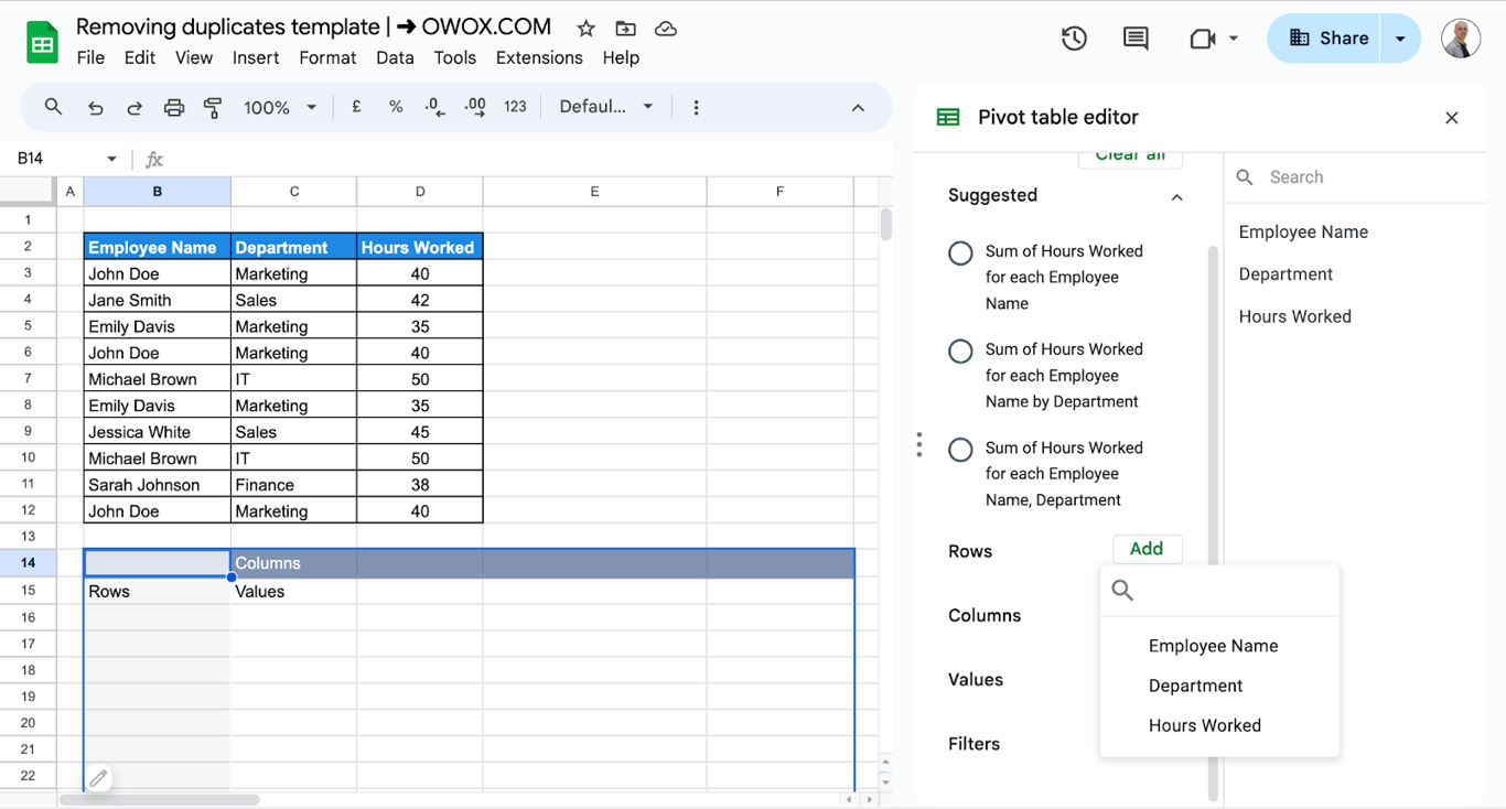 Adding fields in the pivot table showing grouped data in Google Sheets for duplicate analysis. i-border